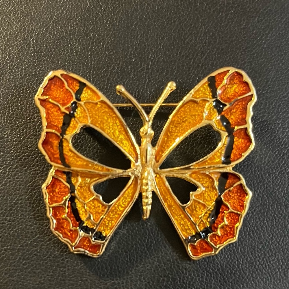 R. Steinmetz & Sons Co.Stamped Vintage Butterfly Brooch SFJ Enamel Gold Tone
